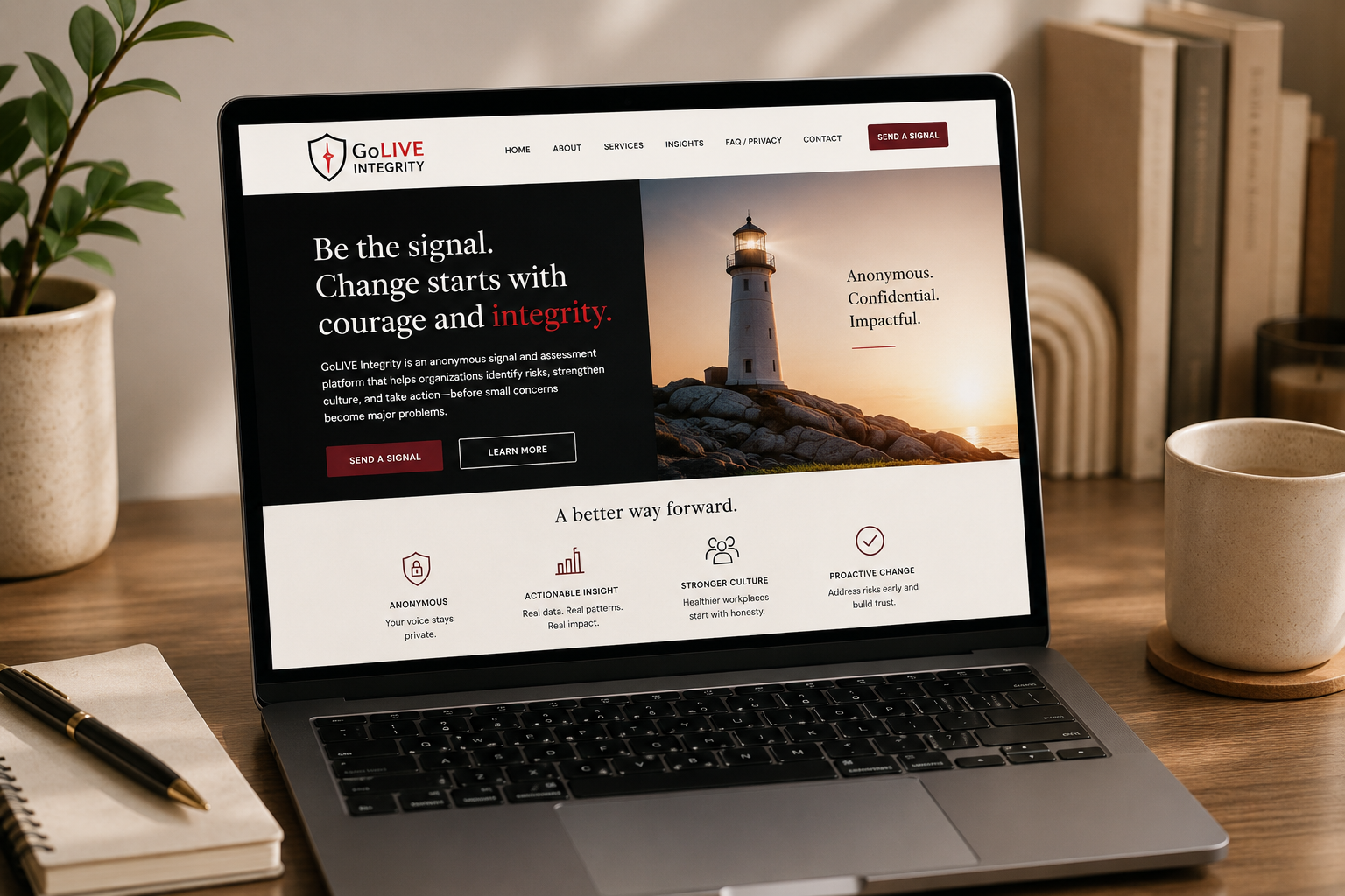 GoLIVE Integrity website displayed on a laptop